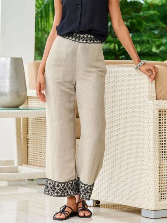 Boston Proper Pants - Boston Proper Malibu Embroidered Pull On Linen Blend Wide Leg Crop Cream Pant M
